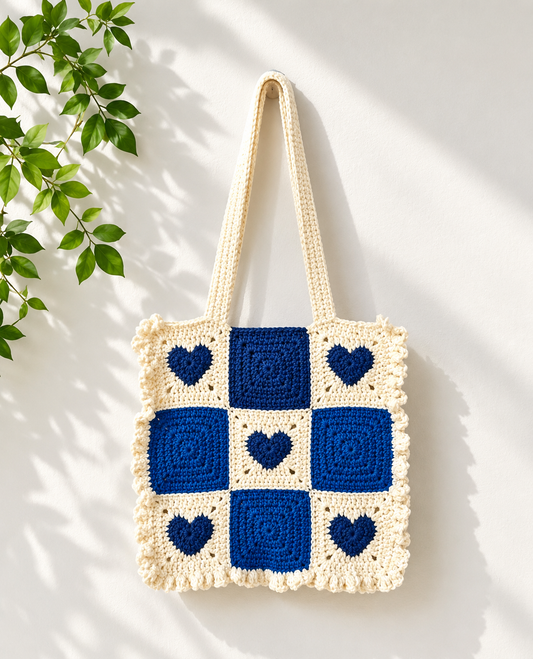 Handmade Crochet Granny Square Tote Bag with Heart Appliqués