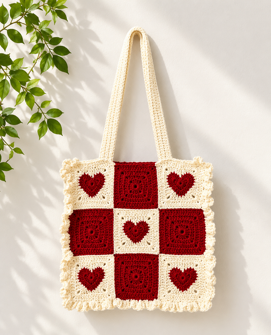 Handmade Crochet Granny Square Tote Bag with Heart Appliqués
