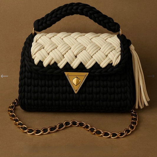 Elegant Handmade Black & Ivory Braided Handbag with Gold Chain