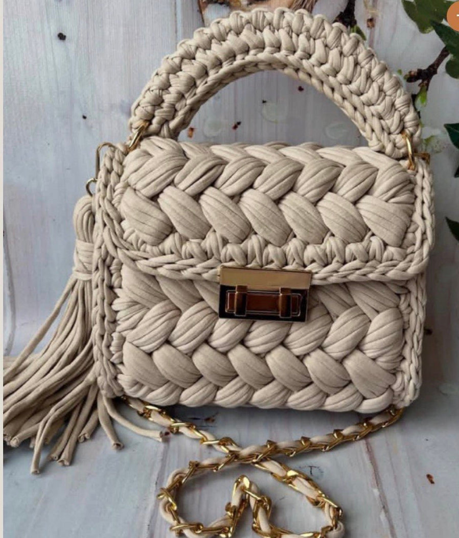Classic Handmade Beige Braided Handbag with Chain & Tassel